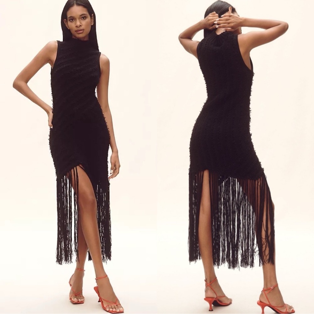 Anthropologie Black Fringe Sweater Dress